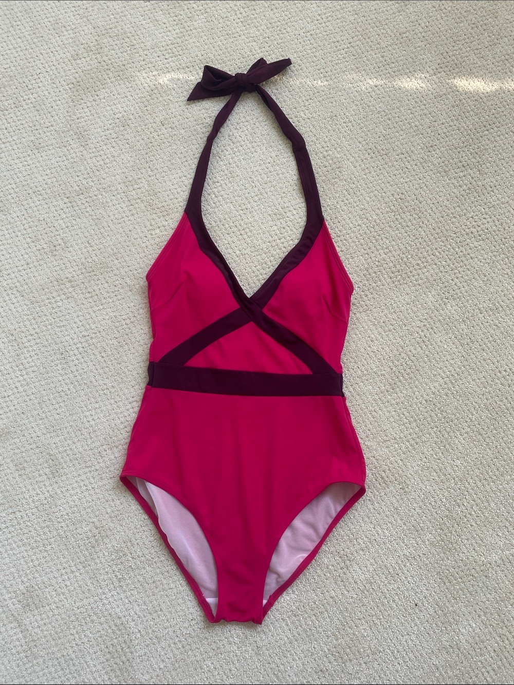 BODEN Pink Halter One-Piece Swimsuit with Deep Magenta Trim
